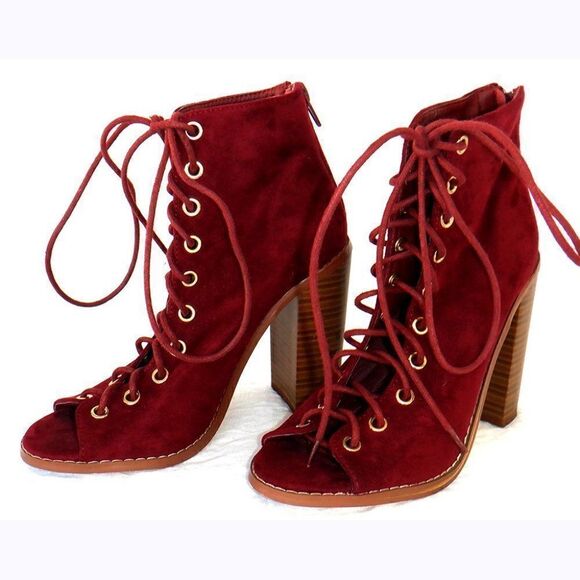 Cranberry red Gladiator peep toes chunky heels - Picture 3 of 6